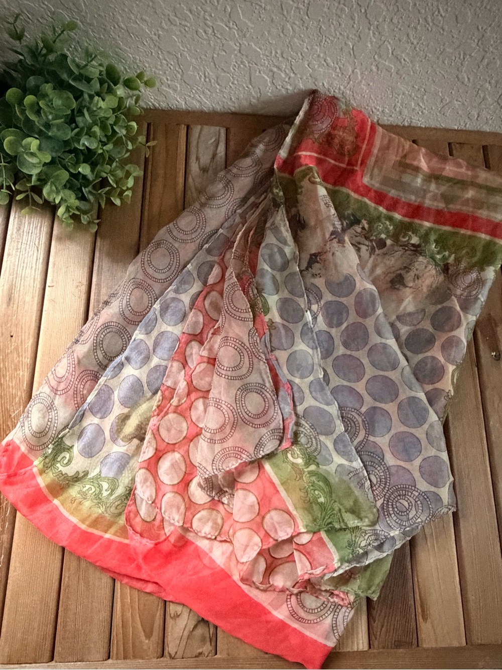 Lightweight Boho Shawl • Coral Green & Gray Print Scarf •Oversized Wrap - Picture 6 of 8